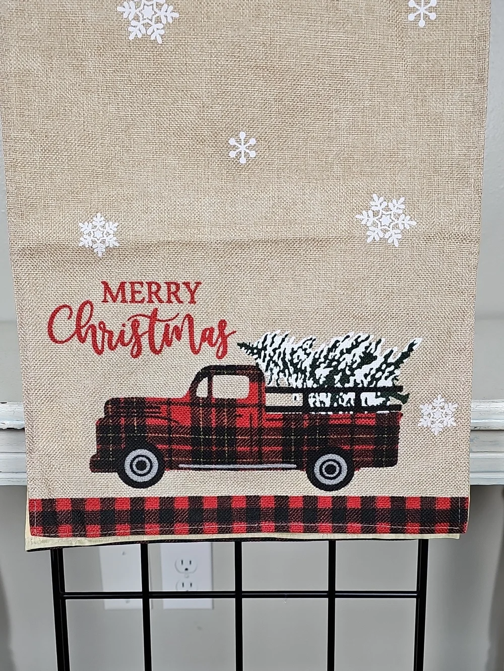 Merry Christmas Plaid Truck Burlap Table Runner